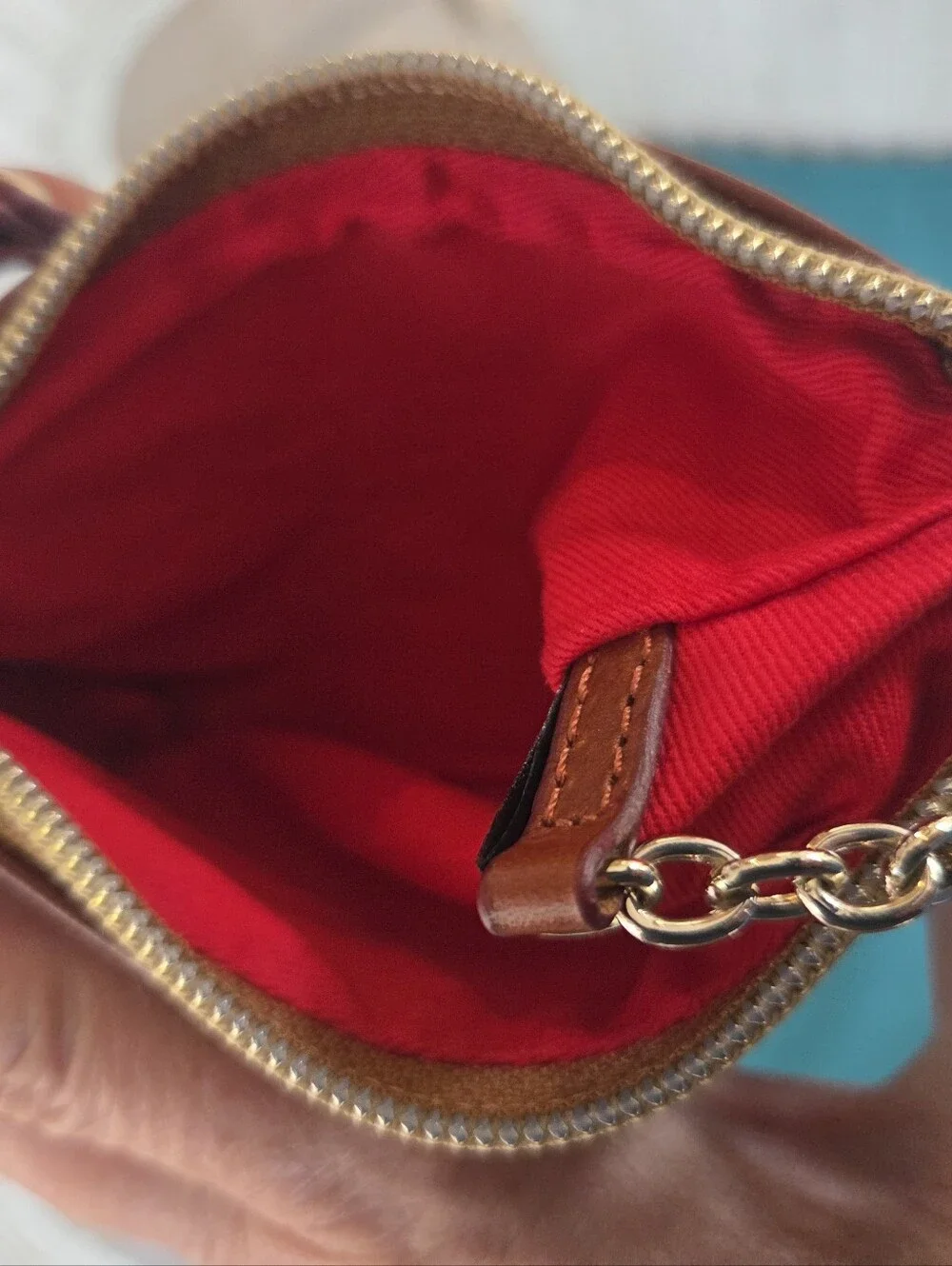 Dooney & Bourke Grey Clutch with Brown Leather Trim Wristlet, Key Ring